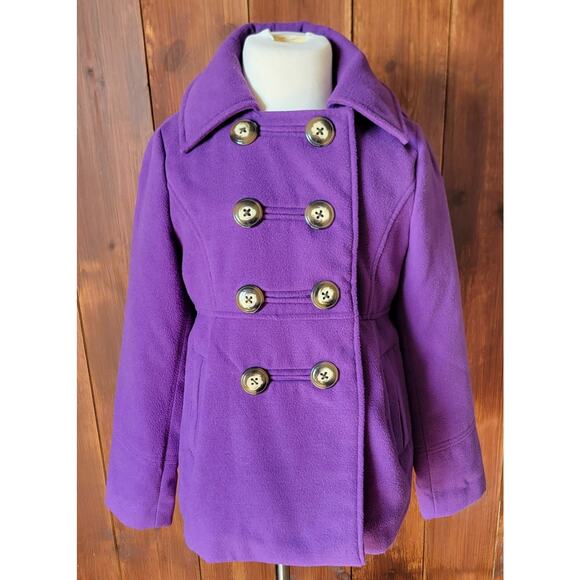 London Fog Girls 7/8 Purple Pea Coat Hooded Double Breasted Button Accent Jacket - Picture 1 of 14